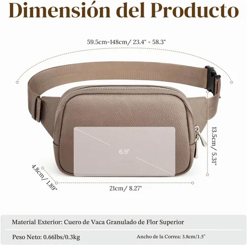 Vista 5 de S-ZONE - Riñonera de cuero para mujer con bloqueo RFID, bolsa de cinturón de cintura, bolso cruzado, Caqui, Moda