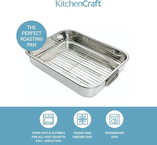 Vista 4 de KitchenCraft Recipiente para asar con estante, acero inoxidable, grande, 16.9 x 12.2 in, color plateado