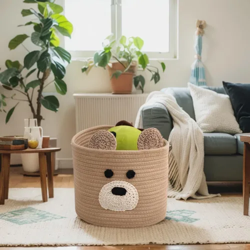 Vista 5 de Cestas de lavandería Bear, cesta de almacenamiento con asas, cesta decorativa para sala de estar, cesta de almacenamiento tejida para juguetes