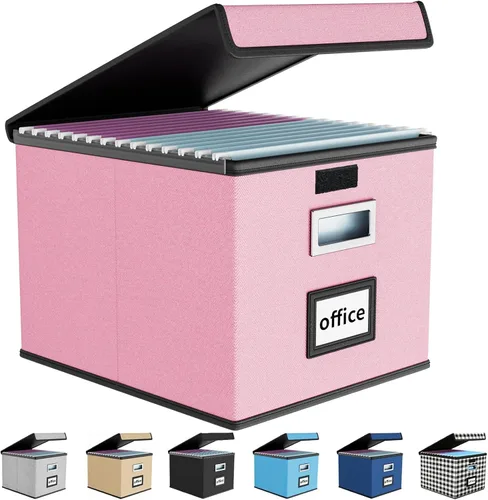 Vista 11 de Caja organizadora de archivos Huolewa con tapa, caja organizadora de carpetas de archivos colgantes de cuero sintético plegable con deslizadores