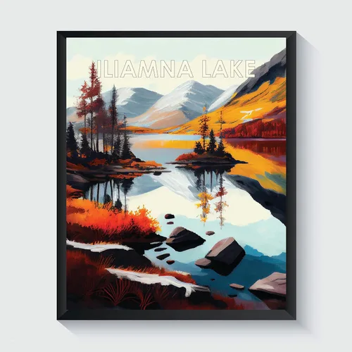 Vista 23 de Yellowstone Lake - Póster impreso artístico, ilustración, arte de pared, decoración de paisaje retro, paisaje, obra de arte para decoración de Lago