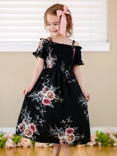 Vista 4 de Arshiner Vestido casual de verano sin mangas floral para niñas Negro