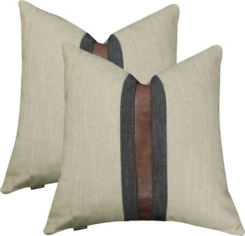 Vista 9 de Juego de 2 fundas de almohadas decorativas de cuero, decoración de exteriores, lino con parches, almohadas de cuero sintético marrón, funda