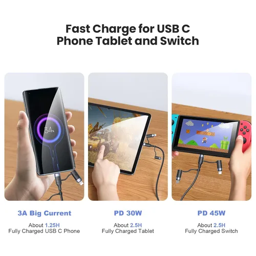 Vista 4 de PD 60W USB C Cable de carga rápida multifuncional trenzado de nailon 5-en-1 3A USB/C a Type C/Micro/Teléfono Adaptador de sincronización rápida