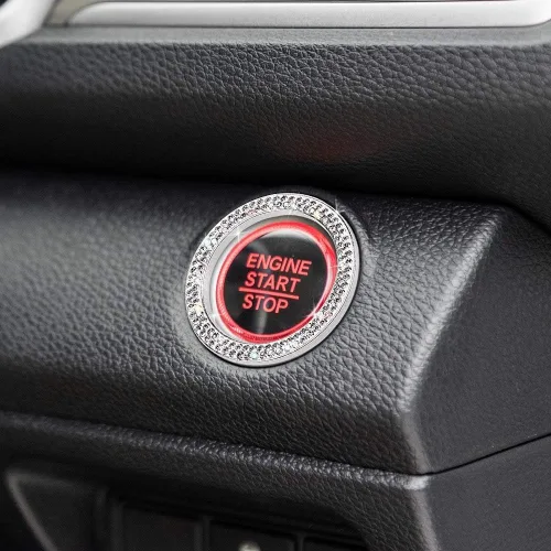 Vista 6 de ToBeQueen Anillo de cristal para automóvil para mujer, 2 calcomanías para automóvil con botón de arranque, accesorio interior de automóvil