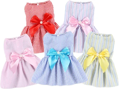Vista 14 de Vestidos para Perros, Ropa de Mascota a la Moda, Vestidos de Princesa para Cachorros con Rayas y Malla (Azul, XS)