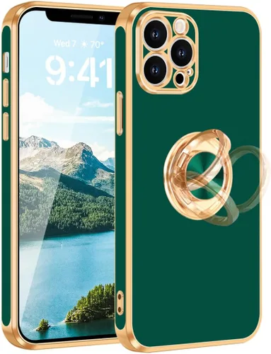 Vista 9 de Fingic Funda para iPhone 12 Pro Max [con soporte de anillo de 360°] [soporte magnético para tarjeta] [soporte de anillo giratorio] [borde dorado]