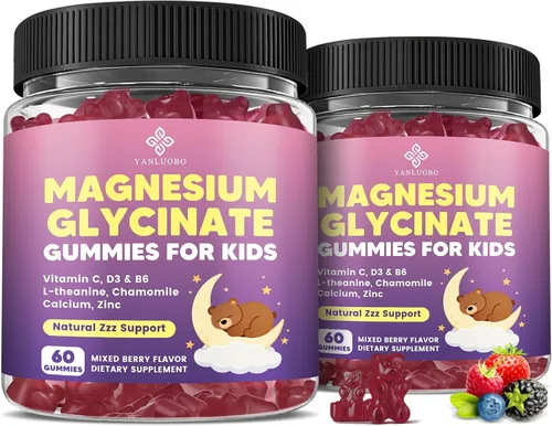 Vista 8 de Gomitas de magnesio para niños, gomitas de glicinato de magnesio 400 mg/200 mg con L-teanina, manzanilla, vitamina B6, D3 para niños, relajación