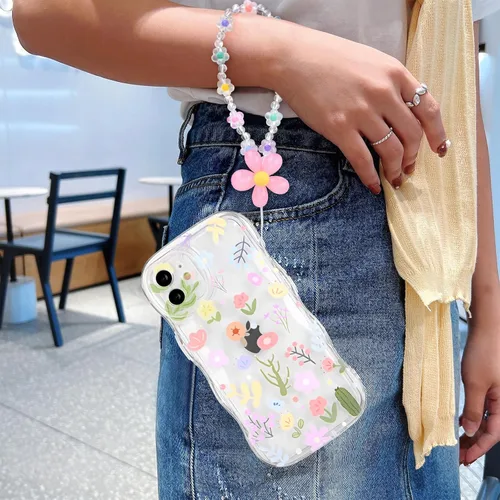 Vista 6 de Newseego Funda para iPhone 11, bonita funda transparente de flores coloridas y rizadas, con una bonita cadena de pulsera de flores para mujeres