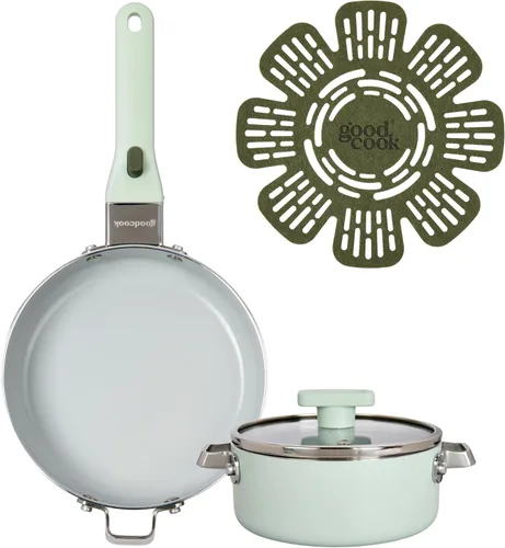 Vista 11 de GoodCook Sartén de cerámica con mango y tapa extraíbles, compatible con inducción, antiadherente y apta para horno, 3 cuartos de galón, verde salvia