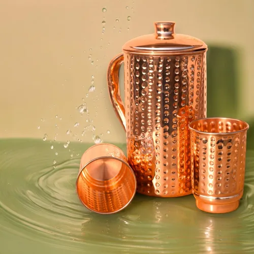 Vista 5 de Jarra de agua martillada de cobre puro con juego de 2 vasos, jarra de agua de cobre, capacidad de 50.7 onzas líquidas