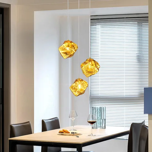 Vista 4 de Modernas luces colgantes doradas para isla de cocina, mini lámparas colgantes de vidrio, lámpara creativa de imitación irregular con forma de piedra