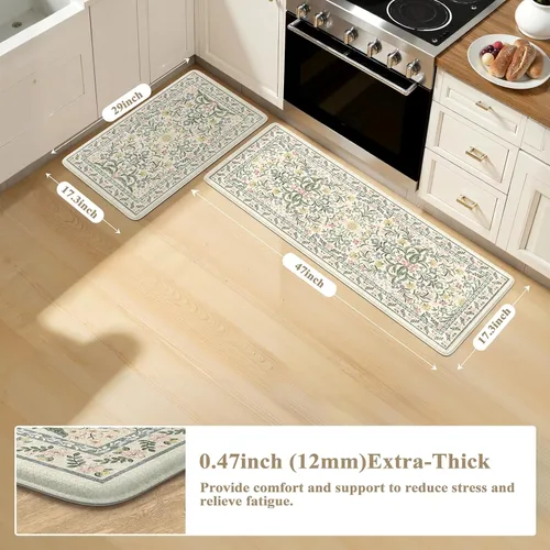 Vista 2 de Collive Tapete Anti Fatiga para Piso de Cocina, Tapetes de Cocina con Diseño Floral Primaveral para Piso Juego de 2, Alfombras para Fregadero Beige