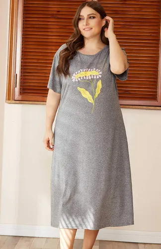 Vista 2 de Camisón de manga corta para mujer, talla grande, con estampado largo, cuello redondo, ropa de dormir, cómoda camisa para dormir