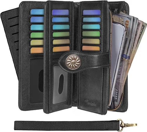 Vista 2 de Travelambo Billetera de gran capacidad con bloqueo RFID para mujer carteras de cuero genuino