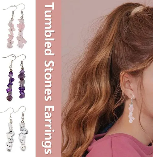 Vista 4 de WAINIS Juego de 8 pares de aretes colgantes de piedra natural para mujer, coloridos cristales colgantes de gancho, aretes de gota de chakras