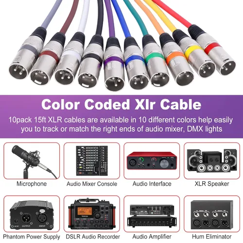Vista 2 de Cable XLR de 10 colores, multicolor XLR macho a hembra, cables de audio de 15 pies, paquete de 10 cables de micrófono XLR equilibrados de 3 pines