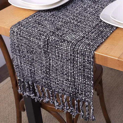 Vista 6 de Camino de mesa 100% algodón para mesas de comedor, rectangular, tejido de dos tonos, 72 x 13 pulgadas, suave y duradero, color negro (paquete de 1)