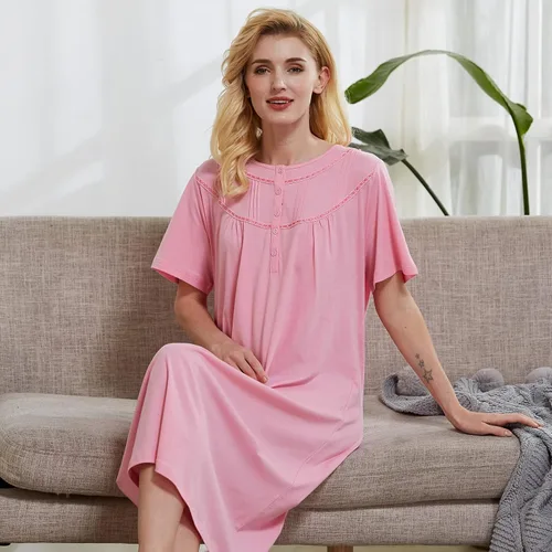 Vista 4 de Keyocean - Camisón de algodón para mujer, suave, cómodo, ligero, manga corta, vestido de casa, ropa de dormir, ropa de sala para verano.