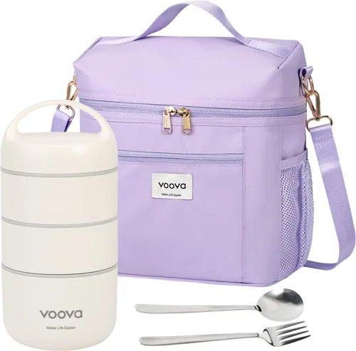 Vista 8 de Voova Lonchera térmica apilable de acero inoxidable con bolsa de almuerzo y juego de cultería para adultos, mujeres y hombres, 3 niveles a prueba