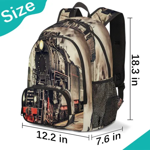 Vista 2 de TropicalLife Mochila escolar vintage de tren de vapor de 18 pulgadas, mochila escolar para adolescentes, niñas, niños, mochila escolar