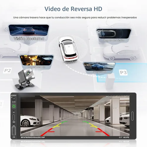 Vista 4 de Radio de coche de un solo DIN estéreo con Apple Carplay Android Auto, pantalla táctil HD de 6.9 pulgadas, receptor Bluetooth, enlace de espejo