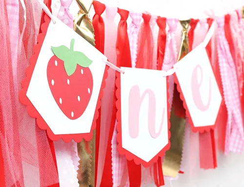 Vista 8 de Decoraciones de fiesta de fresa para primer cumpleaños, cartel de fresa para silla de bebé para accesorios de cabina de fotos y telón de fondo