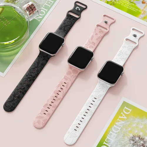 Vista 3 de Paquete de 3 correas con grabado floral compatibles con Apple Watch Band para mujeres de 1.496 pulgadas, 1.575 pulgadas, 1.614 pulgadas, 1.654