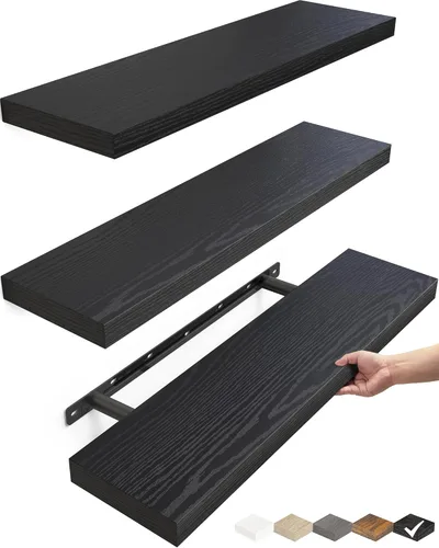 Vista 13 de BAYKA Estantes flotantes para pared, estantes de madera rústica montados en la pared para baño, dormitorio, sala de estar, cocina, estante colgante