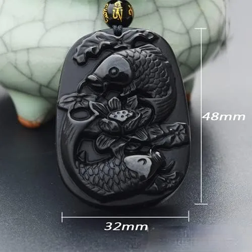 Vista 2 de Colgante de amuleto de obsidiana natural de Piscis con cadena ajustable de cuentas para Wen o mujeres