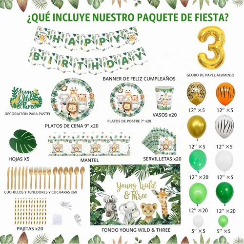 Vista 2 de Young Wild and Three Decor Boy, 251 piezas con temática de animales de safari en la selva, suministros para fiesta de tercer cumpleaños, telón