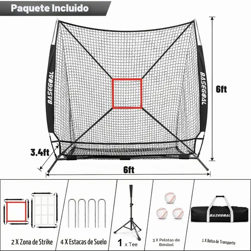Vista 3 de 6x6ft Baseball Practice Net with Batting Tee and Strike Zone