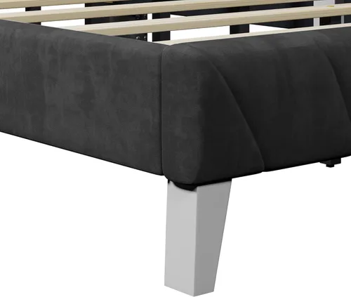 Vista 6 de Marco de cama tapizado de terciopelo contemporáneo con acolchado de canal y ribete de cabeza de clavos, no necesita somier (negro, matrimonial)