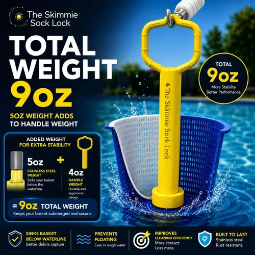 Vista 5 de Skimmie Sock Lock - Máxima comodidad de limpieza de piscinas: mango extraíble para calcetines Skimmer mantiene los desechos dentro, incluso cuando