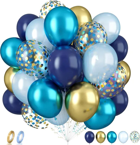 Vista 20 de Globos de graduación azules y dorados, 60 globos impresos con texto en inglés "Felicitaciones", 12 pulgadas, azul marino, blanco, azul, metálico