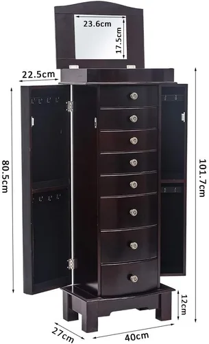 Vista 7 de MTFY Armario de joyería de pie, organizador de joyería, baúl de joyería con 8 cajones, 2 puertas laterales oscilantes, 16 ganchos para collares