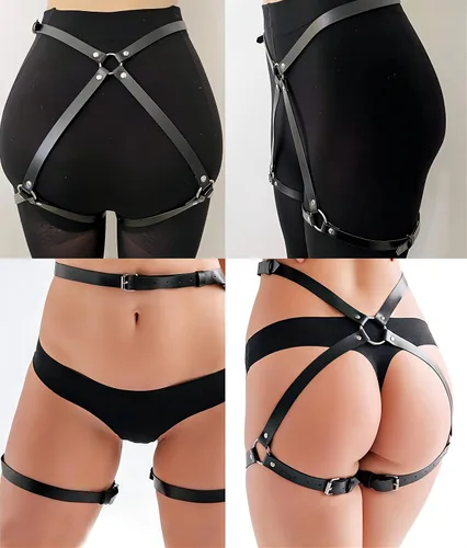 Vista 4 de Cadenas de cuerpo de cuero punk, arnés sexy para el vientre, cinturón gótico, fiesta, rave, muslo, pierna, liguero, accesorios de joyería
