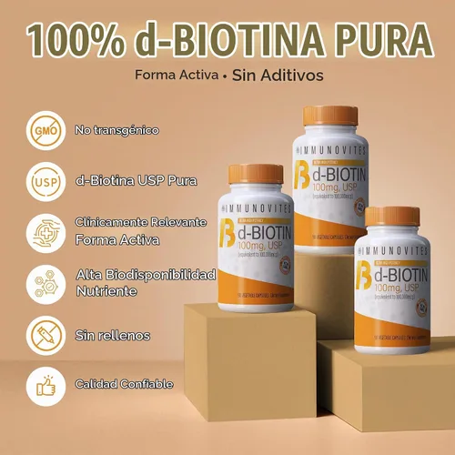 Vista 4 de IMMUNOVITES Biotina de dosis alta (como d-biotina, USP) 100mg (equivalente a 100,000mcg) 90 cápsulas, alta potencia