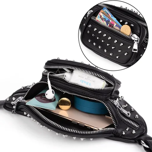 Vista 3 de UTO Fanny-Pack-for-Women's - Riñonera vegana de cuero con remaches tachuelas, ligera, con cremallera, bolsillo al hombro, 0879 Negro