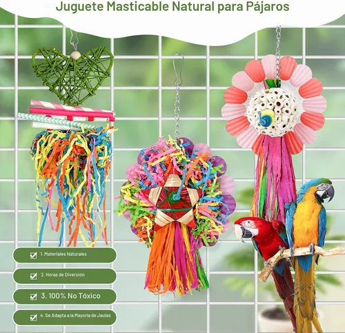 Vista 5 de Juguetes para pájaros, 3 piezas naturales de mazorca de maíz para pájaros masticables, juguetes de forrajeo para loros pequeños y medianos, conures