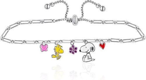 Vista 5 de Pulsera de abalorios ajustable para mujer Peanuts - Pulsera de abalorios de esmalte bañado en plata con Snoopy - Licencia
