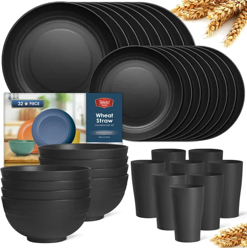 Vista 14 de Teivio Juego de vajilla de plástico de paja de trigo de 32 piezas para cocina, servicio para 8, platos, cuencos y tazas irrompibles, vajilla