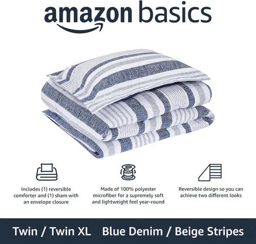 Vista 2 de Amazon Basics - Juegos de edredón tamaño Twin/Twin XL, ropa de cama reversible de microfibra ultra suave y ligera de 2 piezas, azul denim/rayas
