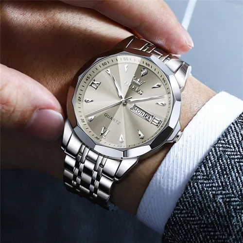 Vista 4 de OLEVS Reloj para hombre de acero inoxidable, cronógrafo, cara grande, fácil de leer, relojes analógicos de cuarzo de lujo, impermeables, con fecha