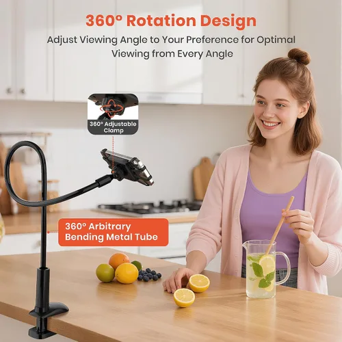 Vista 4 de Soporte para Kindle de cuello de cisne para leer en la cama, soporte de teléfono celular ajustable de 360° para escritorio, abrazadera flexible