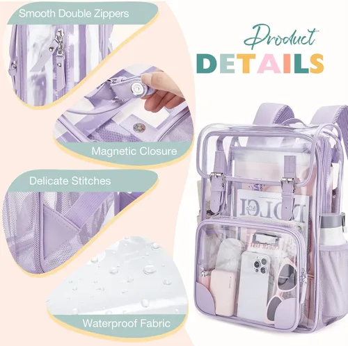 Vista 5 de mommore Mochila transparente para escuela, resistente, grande, transparente, de PVC, transparente, 1PC-Púrpura, Grande, Mochila transparente
