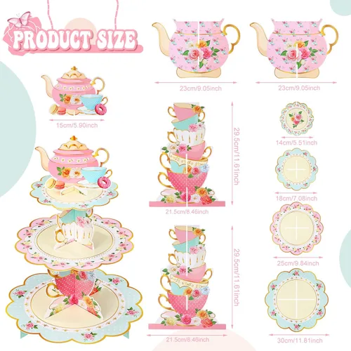 Vista 2 de Zopeal 2 piezas de decoración floral para cupcakes de fiesta de té de 3 niveles, soporte floral para cupcakes, torre de postre de cumpleaños floral
