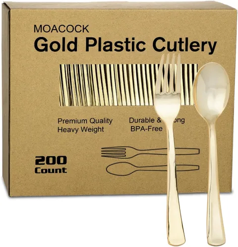 Vista 12 de MOACOCK 200 piezas de cubiertos de plástico negro plateado, tenedores y cucharas de plástico de peso pesado, juego de utensilios desechables