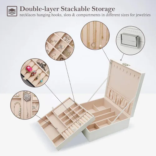 Vista 3 de ProCase - Joyero grande de cuero con dos niveles para organizar aretes pulseras anillos relojes para mujeres niñas regalo ideal para novia o esposa