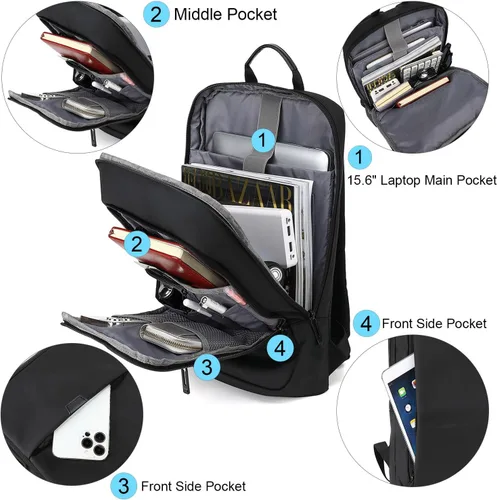 Vista 5 de AUGUR Mochila delgada de negocios para hombres y mujeres de 15.6 pulgadas, resistente al agua, mochila para laptop con cargador USB, mochilas